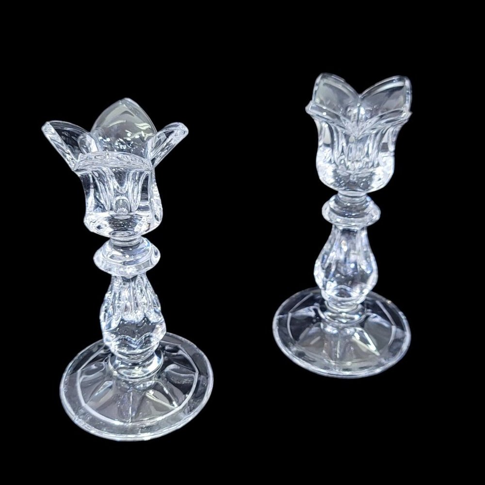 Vintage GORHAM Lead Crystal Tulip Candlestick Pair 5.75" Tall Made‎ West Germany